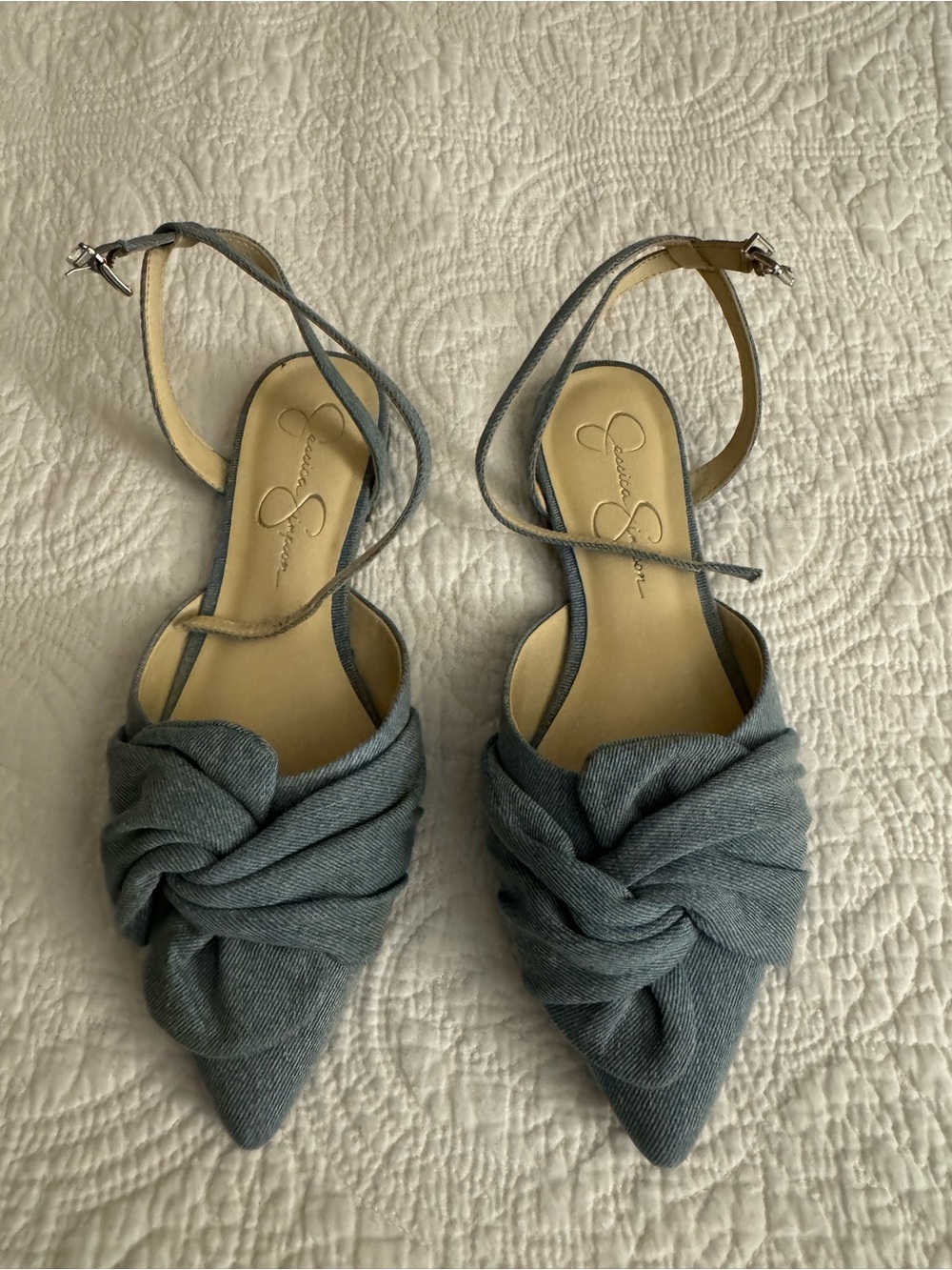 Jessica Simpson Blue Knotted Pointed-Toe Ankle Strap Flats